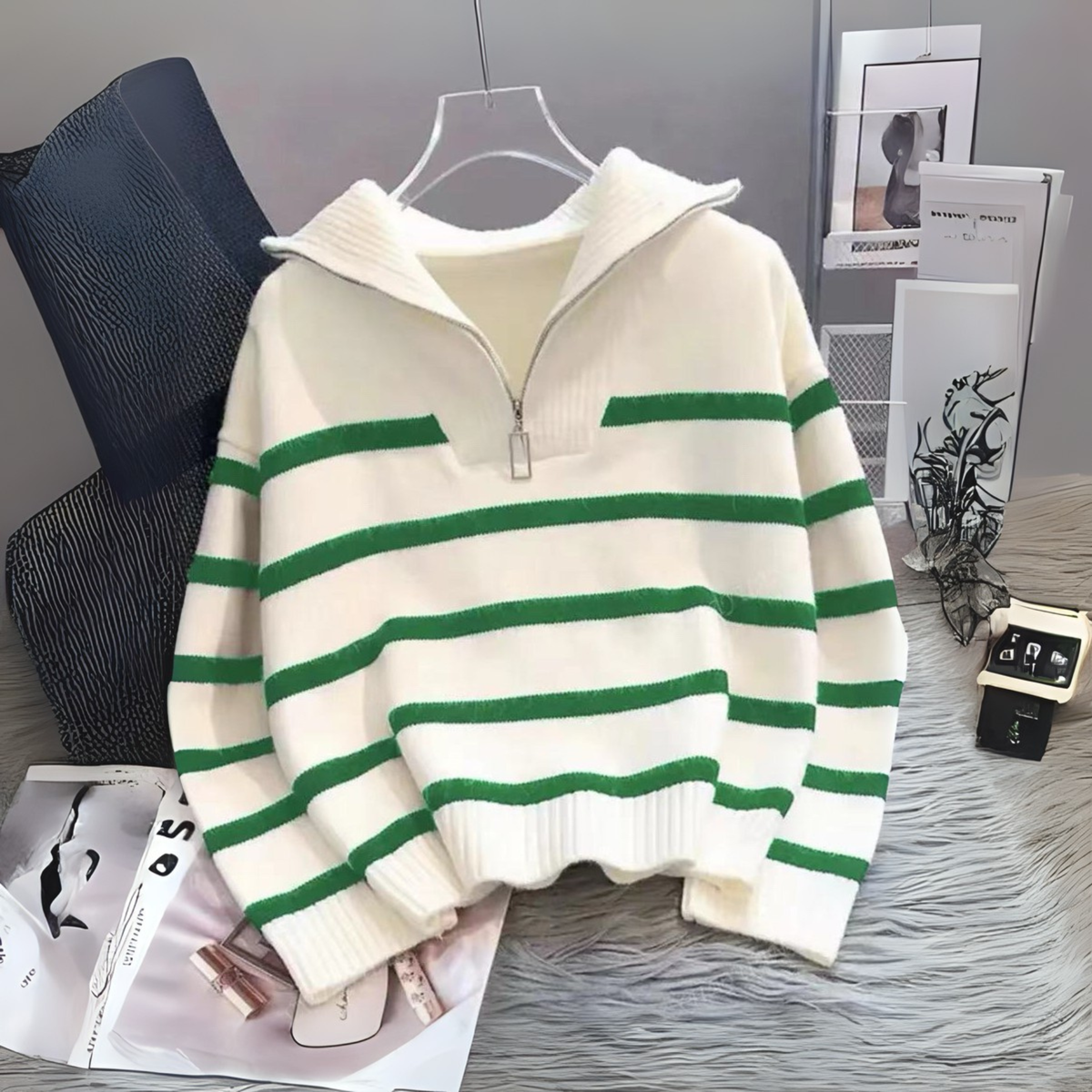 NEVAEH™ - Chic Striped Long Sleeve Collared Top