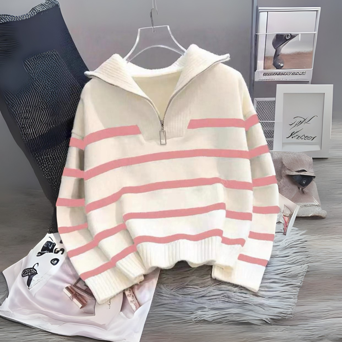 NEVAEH™ - Chic Striped Long Sleeve Collared Top