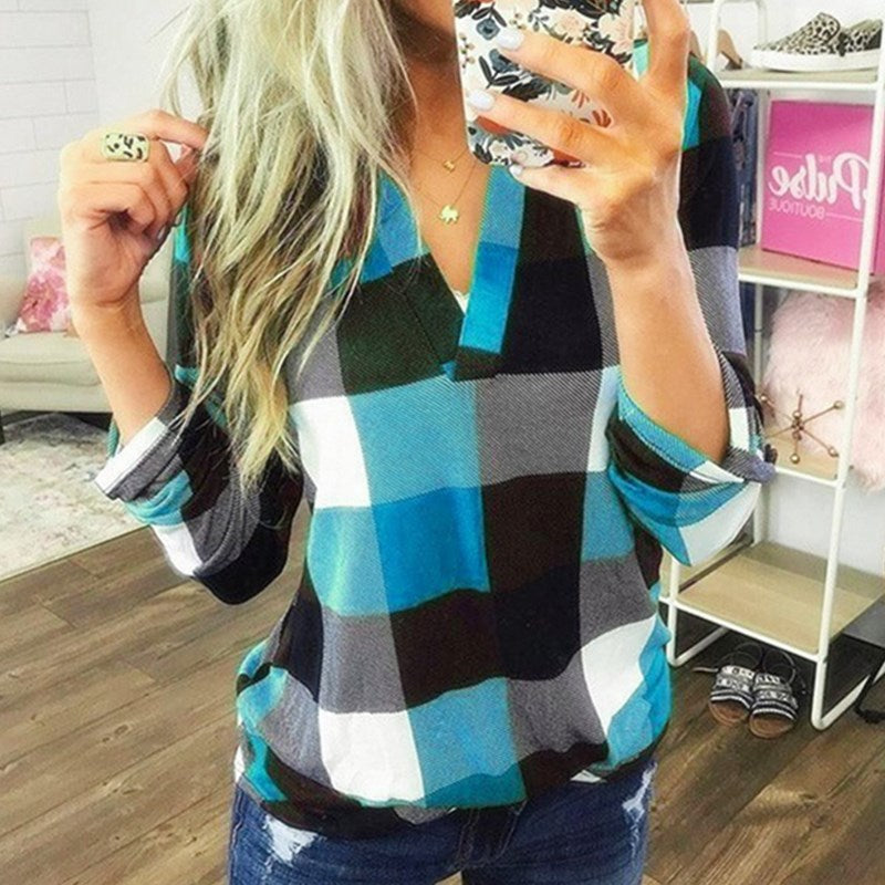 SAMIYA™ - Casual V-Neck Plaid Long Sleeve Blouse