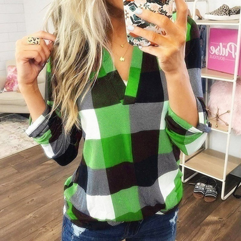SAMIYA™ - Casual V-Neck Plaid Long Sleeve Blouse