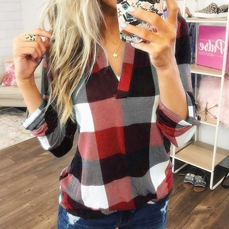SAMIYA™ - Casual V-Neck Plaid Long Sleeve Blouse