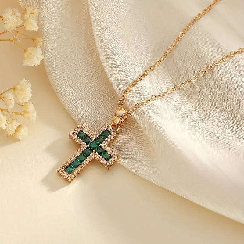 Elegant Emerald Cross Pendant Necklace