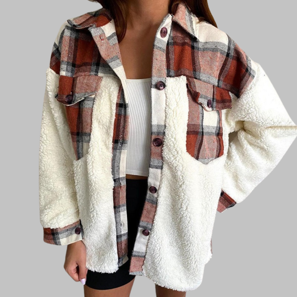 SUNNIE™ - Cozy Long Sleeve Button Down Checkered Jacket
