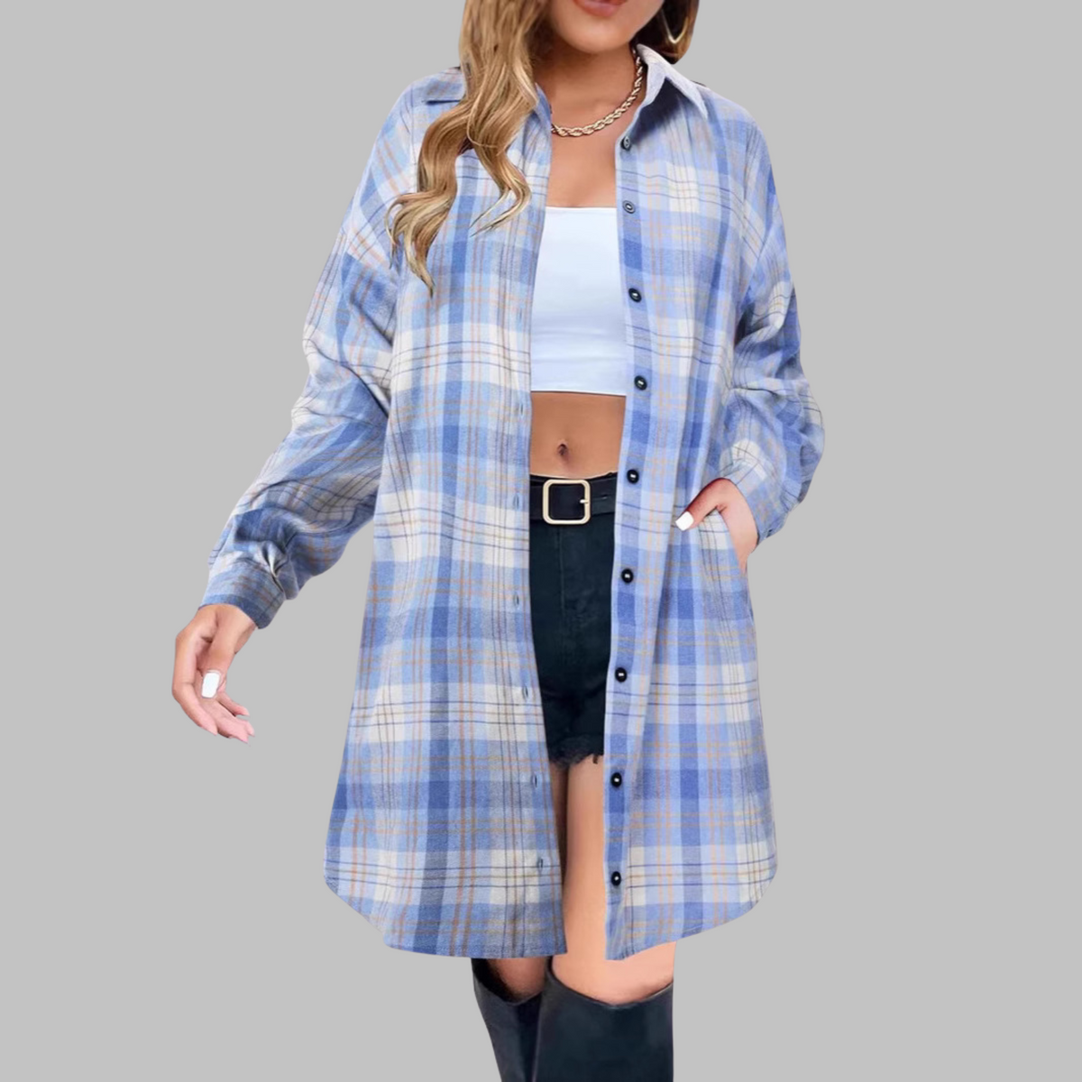 CINA™ - Classy Button Down Plaid Long-Sleeve Jacket