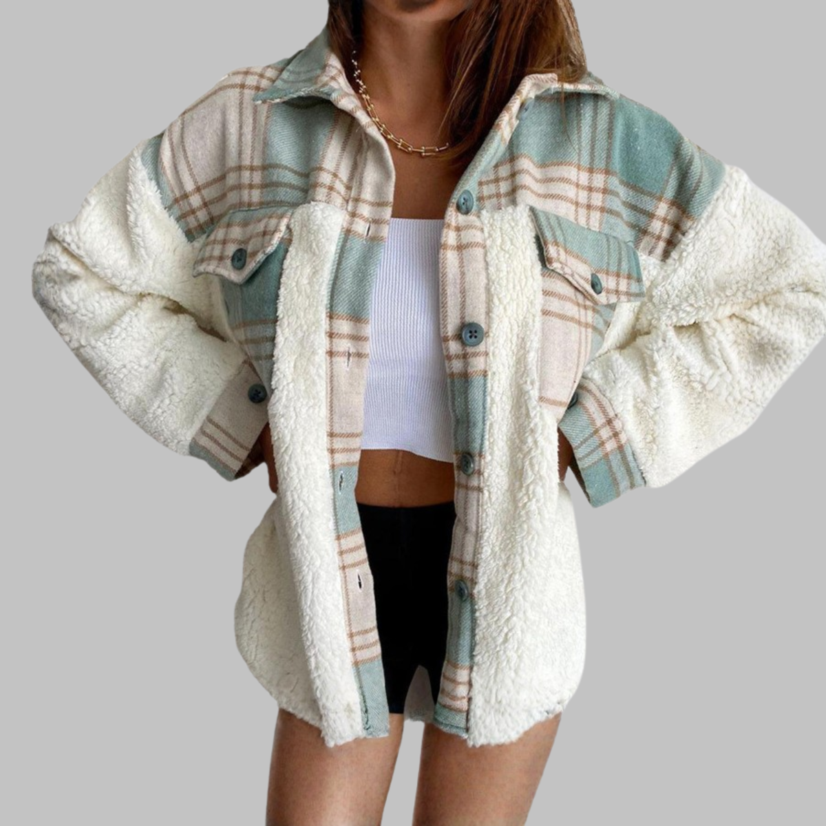 SUNNIE™ - Cozy Long Sleeve Button Down Checkered Jacket