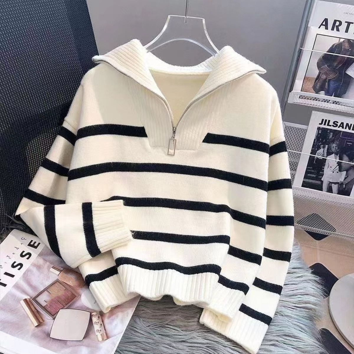 NEVAEH™ - Chic Striped Long Sleeve Collared Top