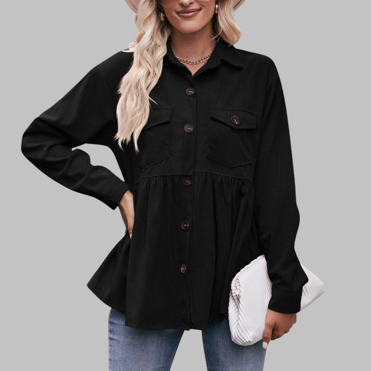 MARISA™ - Vintage Button Front Long Sleeve Collared Top