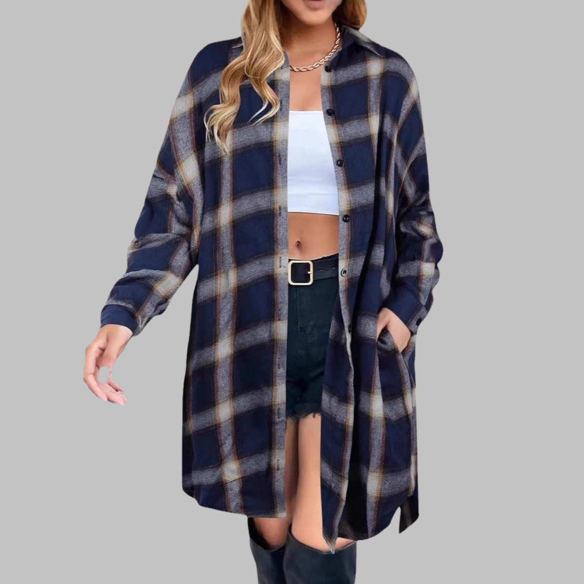 CINA™ - Classy Button Down Plaid Long-Sleeve Jacket