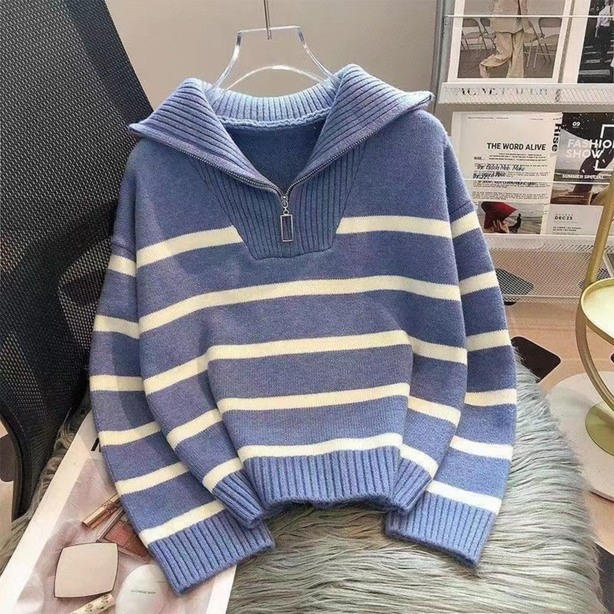 NEVAEH™ - Chic Striped Long Sleeve Collared Top