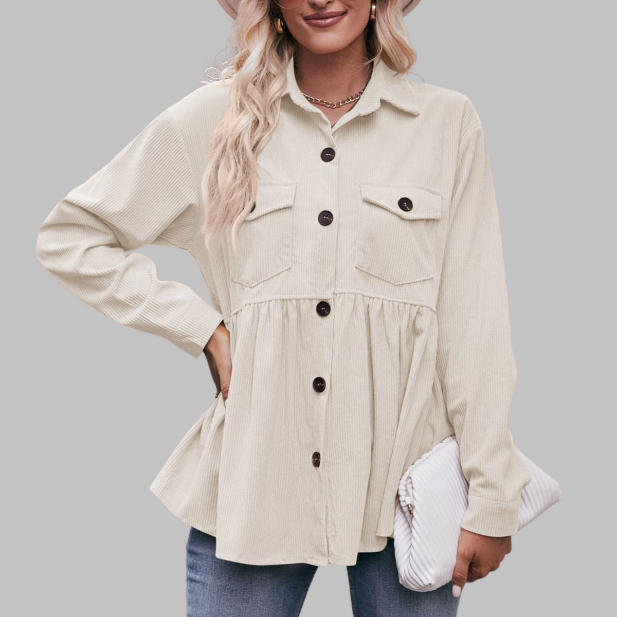 MARISA™ - Vintage Button Front Long Sleeve Collared Top