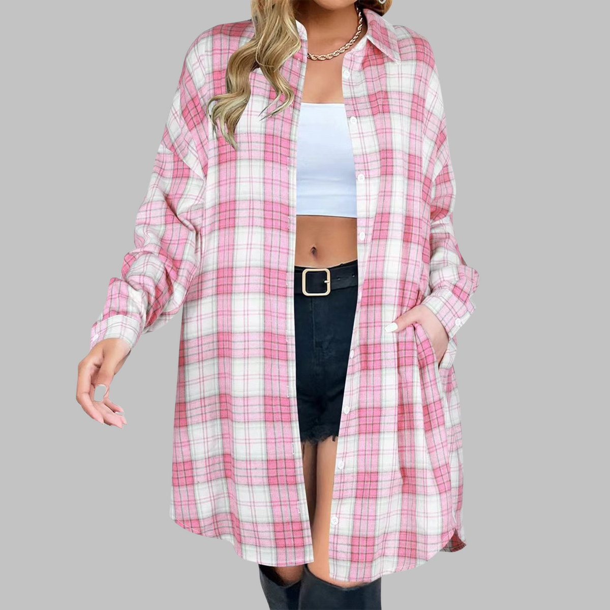 CINA™ - Classy Button Down Plaid Long-Sleeve Jacket