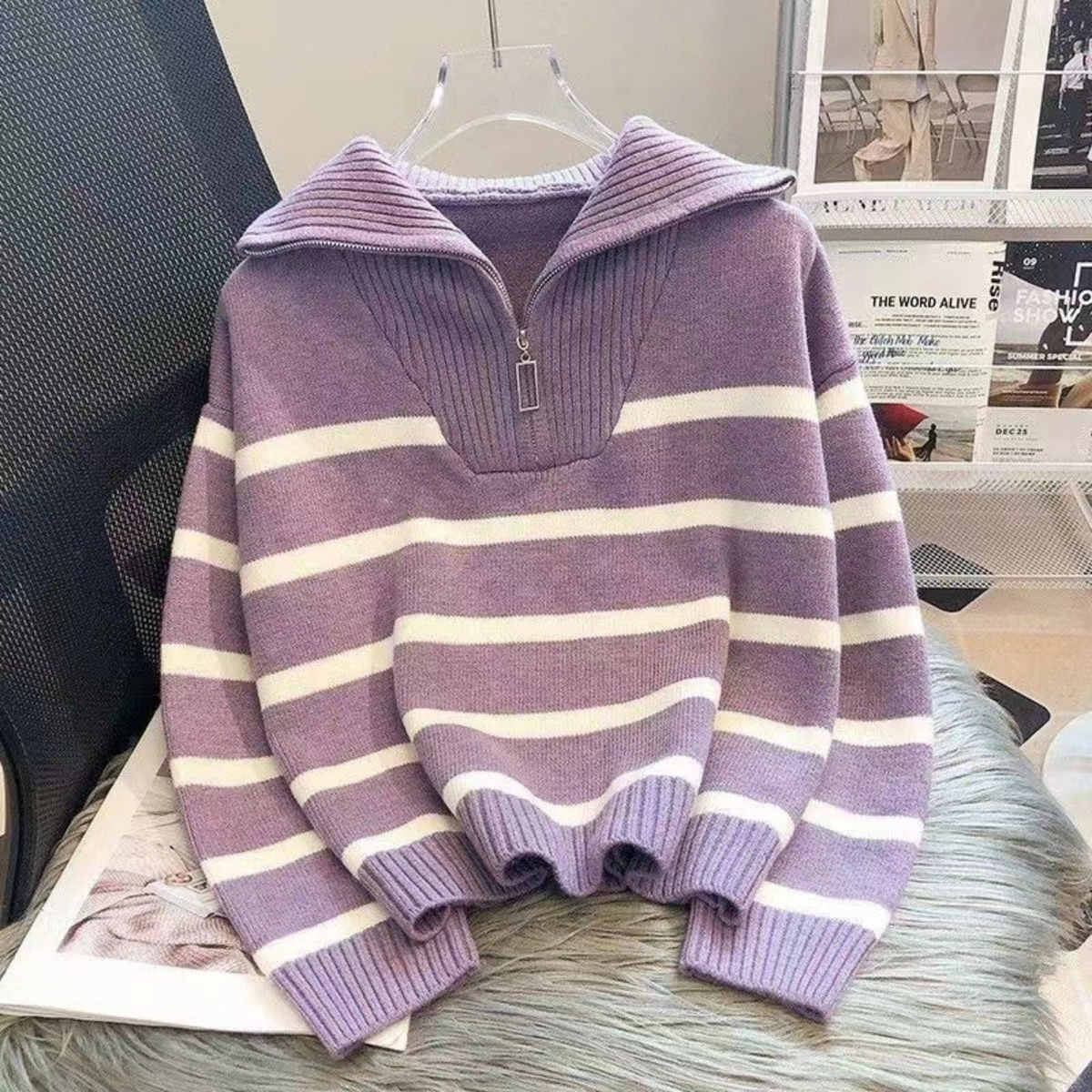 NEVAEH™ - Chic Striped Long Sleeve Collared Top