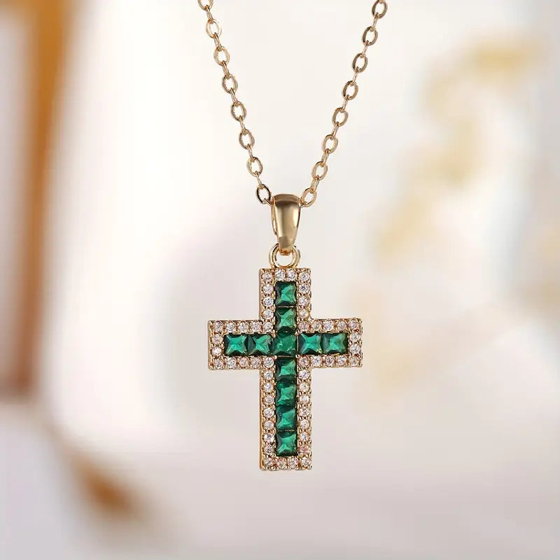 Elegant Emerald Cross Pendant Necklace