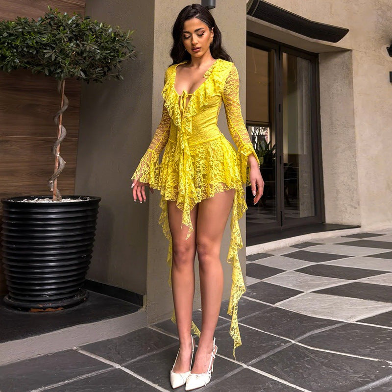 Lumière | Lace Ruffle Long Sleeve Mini Dress