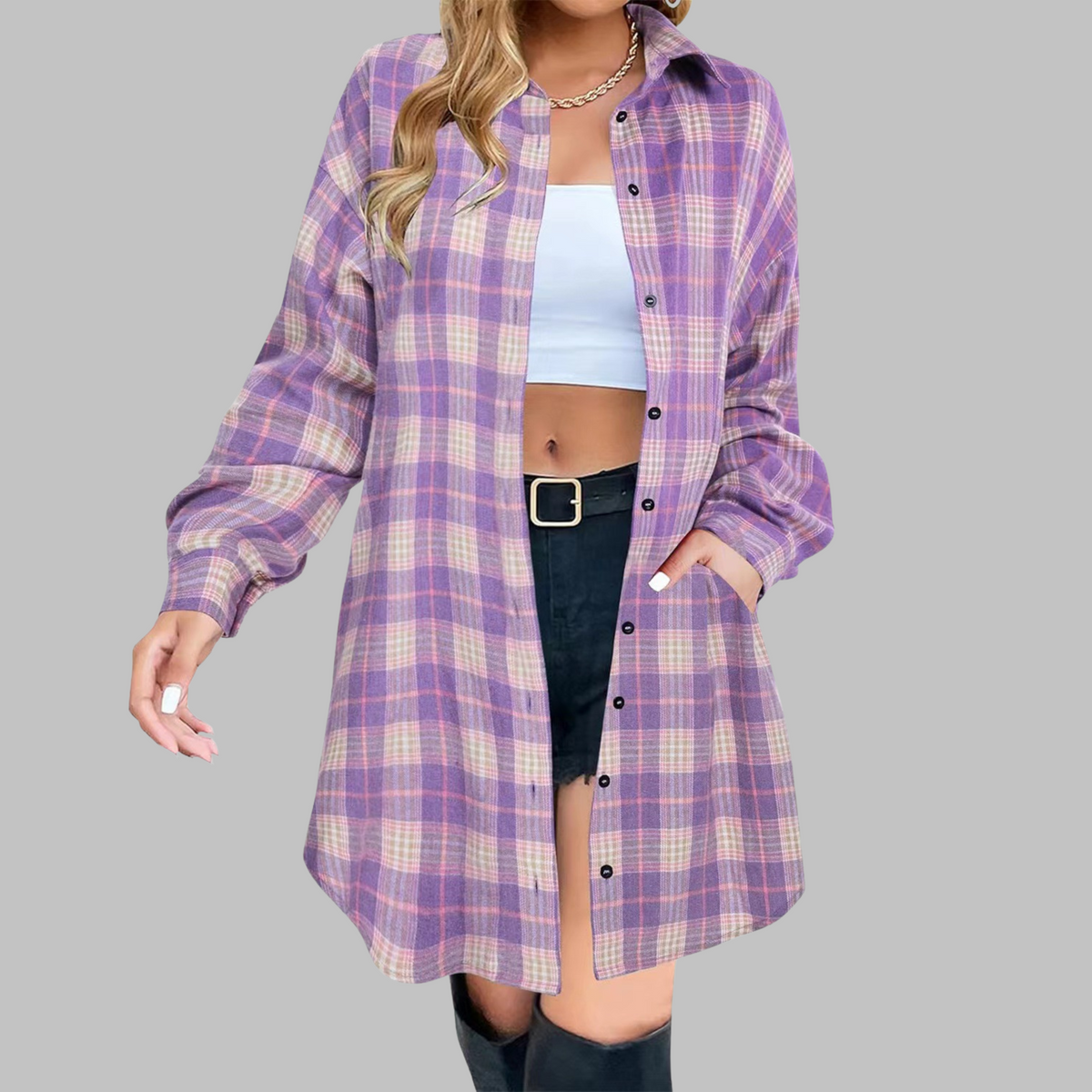 PALOMA™ - Classy Button Down Plaid Long-Sleeve Jacket