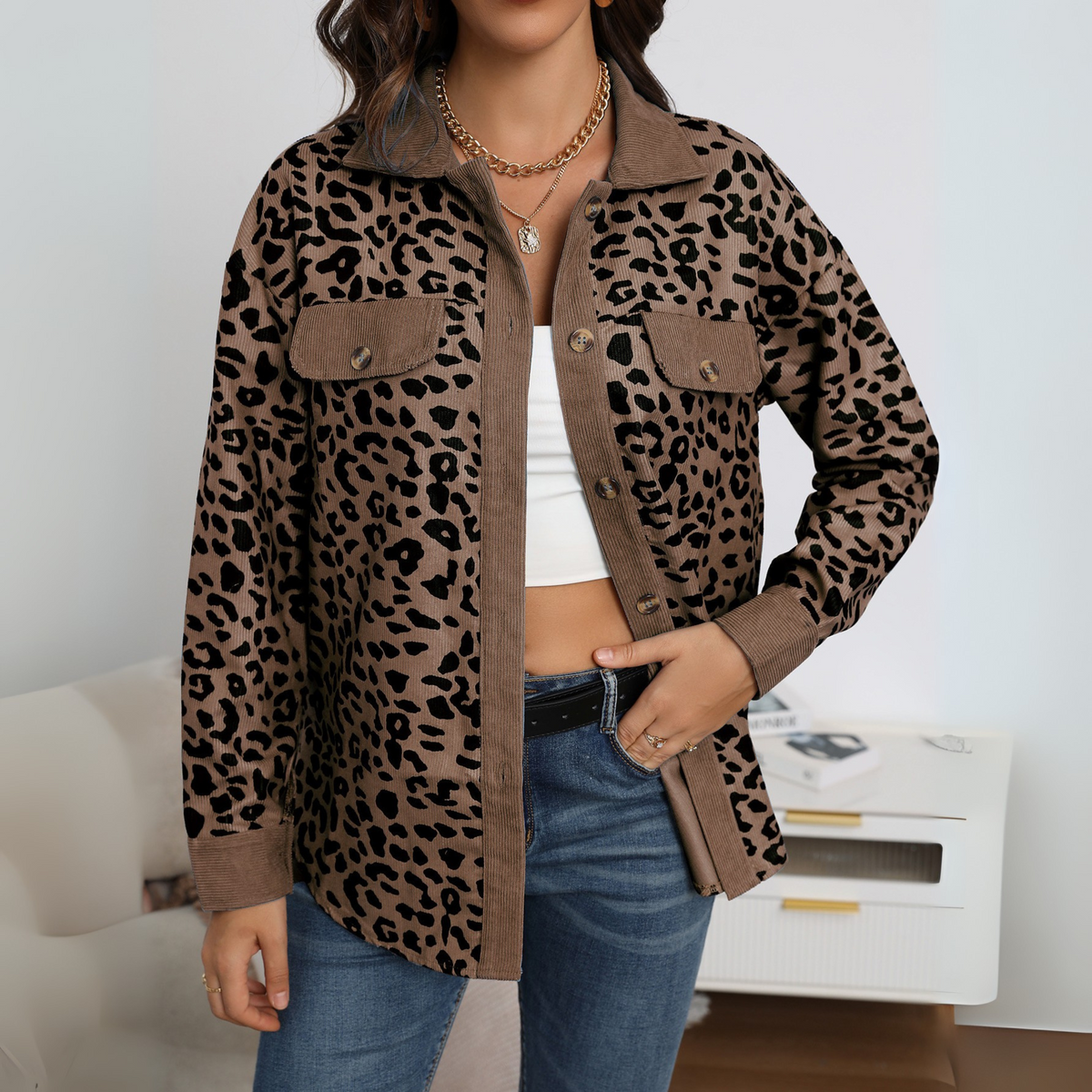 SISI™ - Casual Leopard Print Button Front Jacket