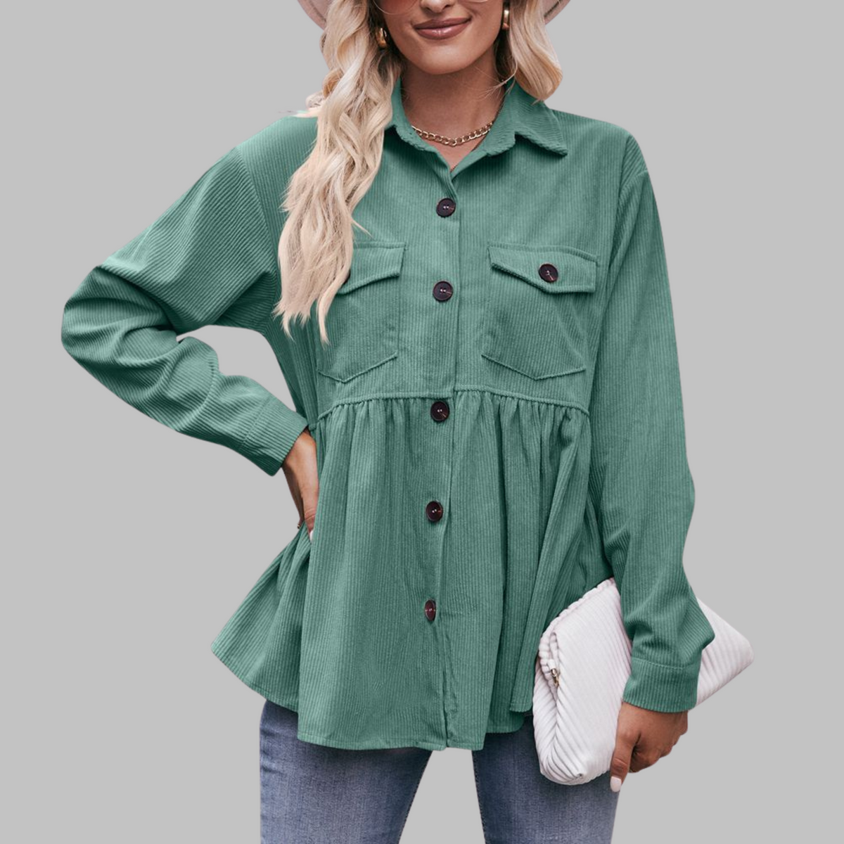 MARISA™ - Vintage Button Front Long Sleeve Collared Top