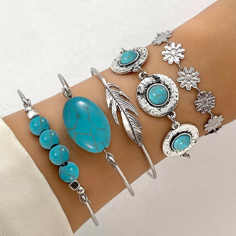 Turquoise Feather Bracelet Set