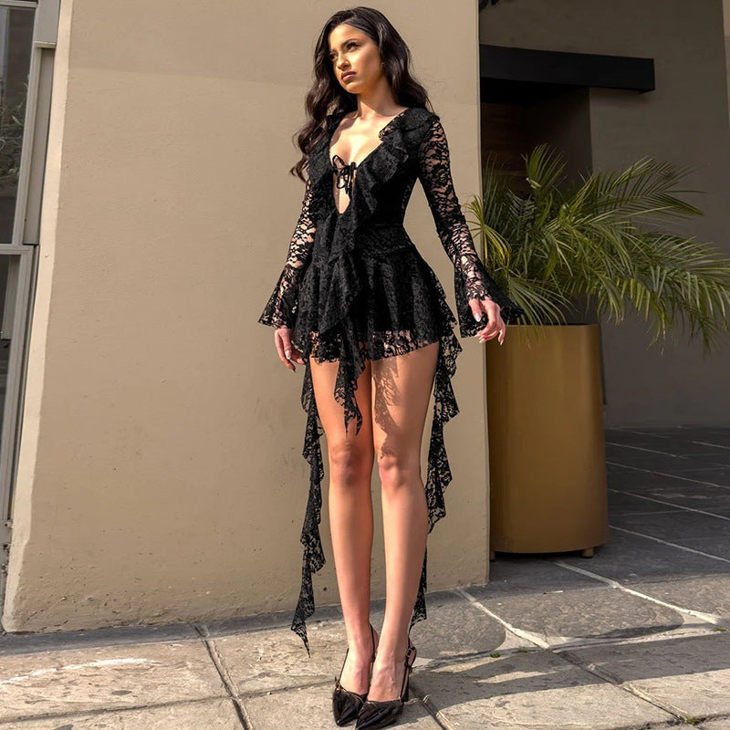 Lumière | Lace Ruffle Long Sleeve Mini Dress
