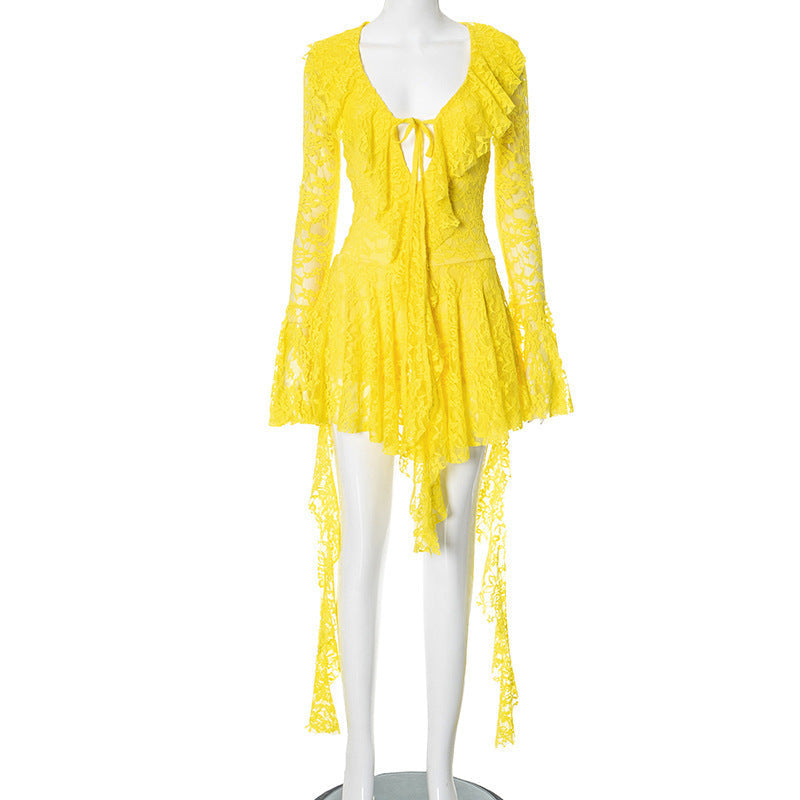 Lumière | Lace Ruffle Long Sleeve Mini Dress