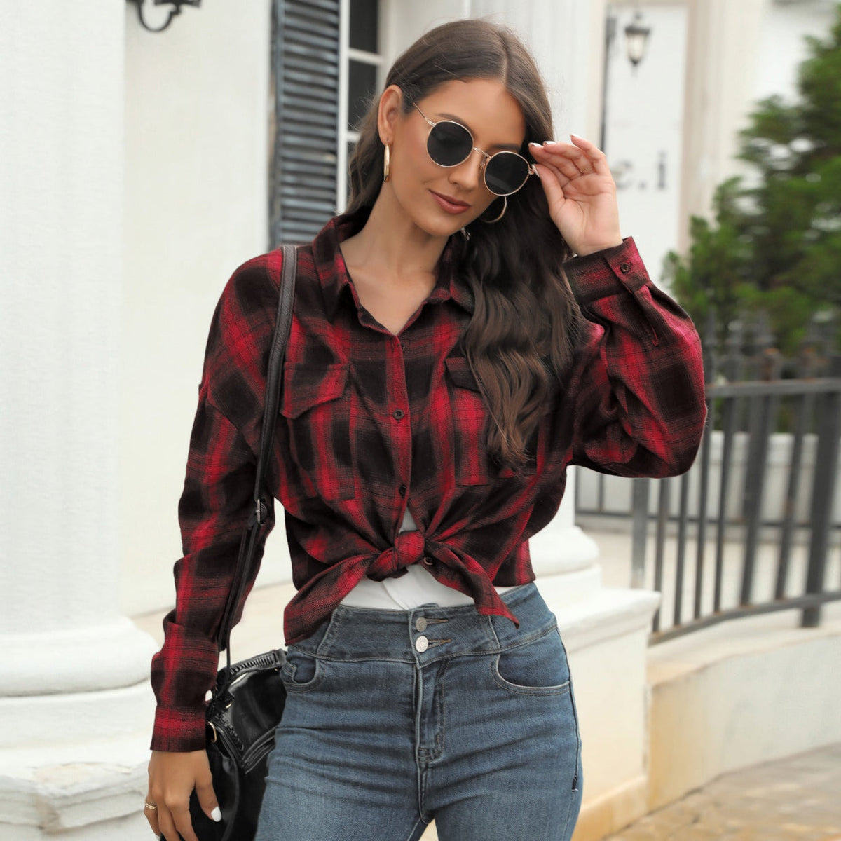 TORI™ - Vintage Plaid Button Down Long Sleeve Blouse