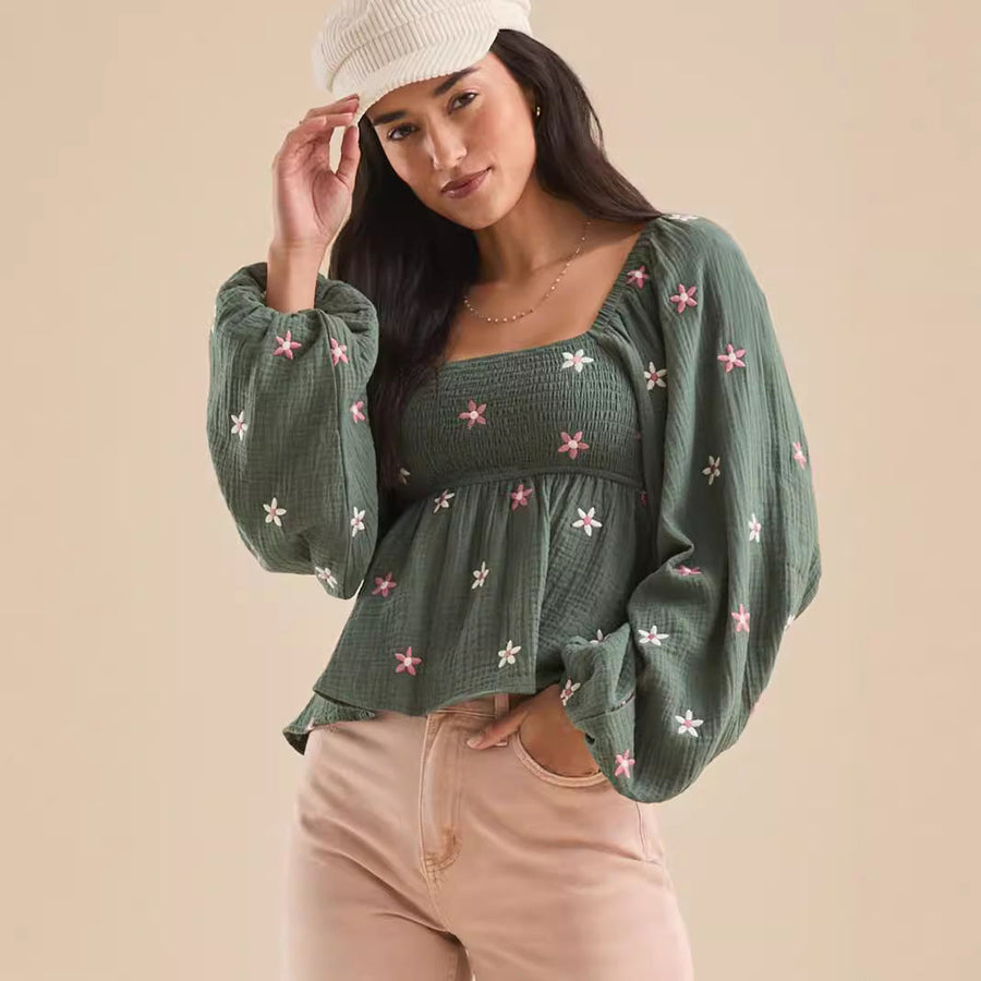 SILA™ - Comfy Floral Pleated Long Sleeve Top