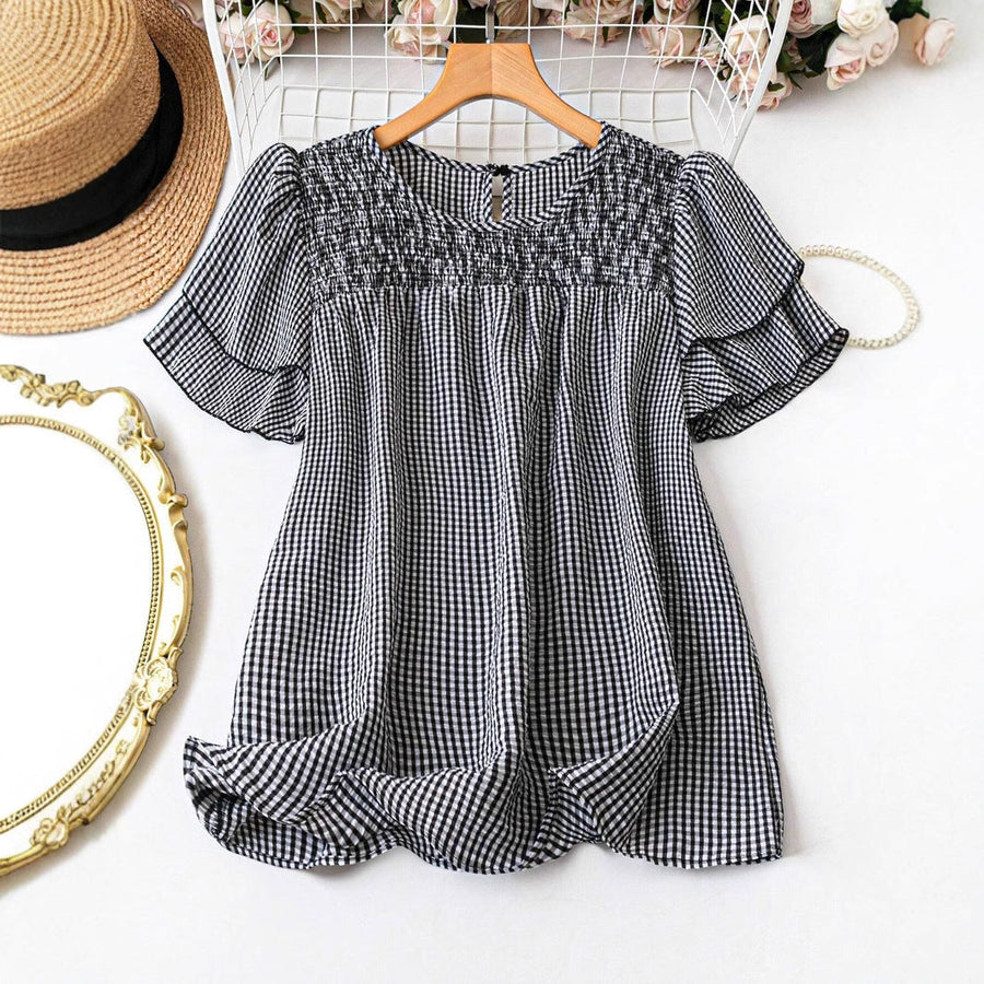 KRISTEL™ – Vintage Flowy Checkered Puff Sleeve Blouse