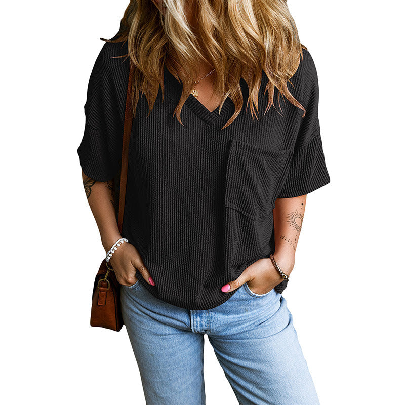 JANELLE™ – Casual Textured Pocket V-Neck Tee