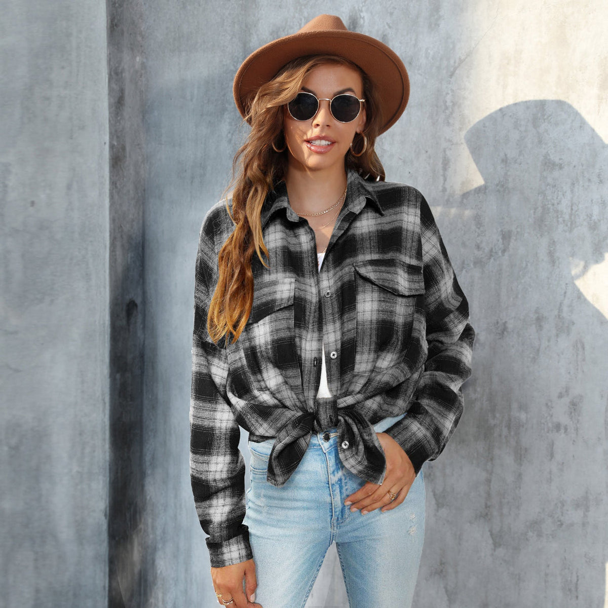 TORI™ - Vintage Plaid Button Down Long Sleeve Blouse