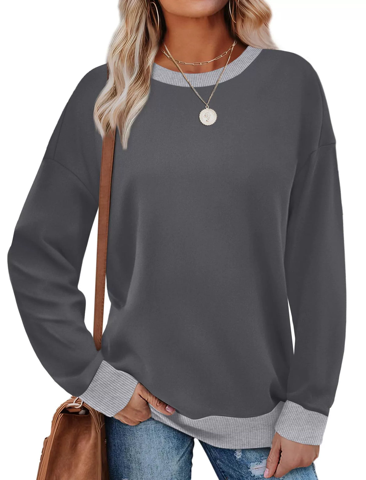 MARGARET™ - Contrast Trim Crew Neck Long Sleeve Tunic Sweatshirt