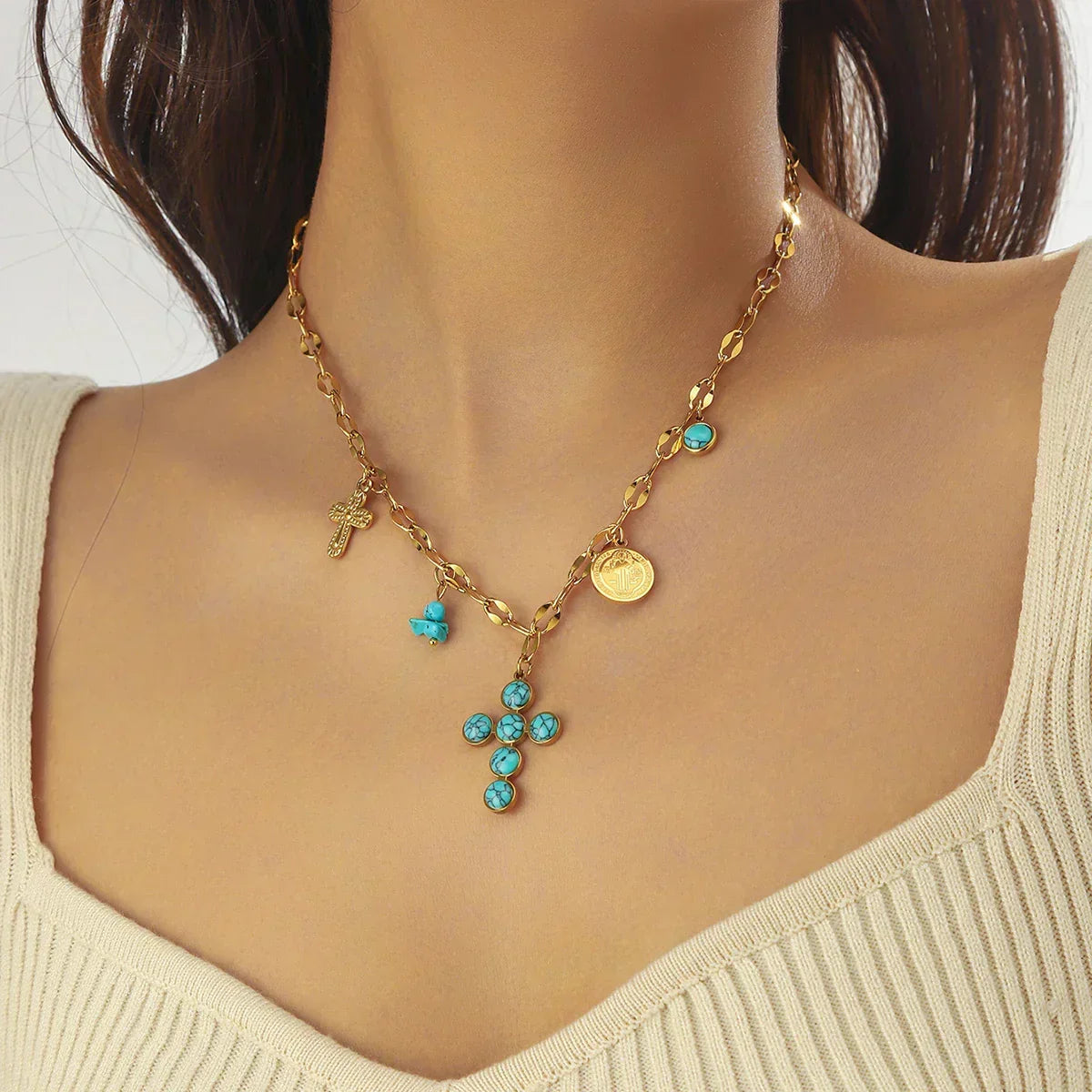 Blessed Turquoise Gemstone Cross Necklace