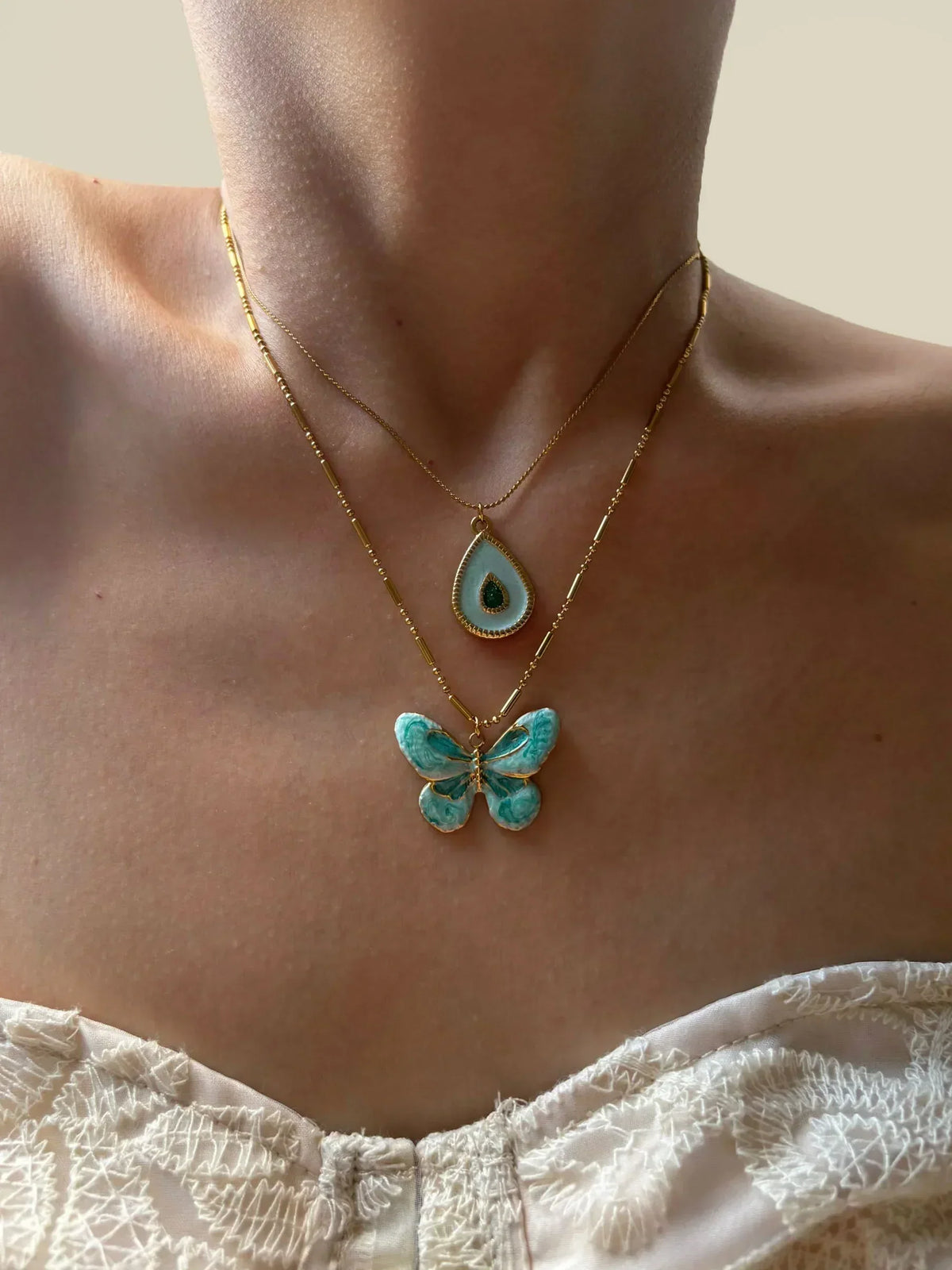 Beautiful Layered Necklace Set with Butterfly and Teardrop