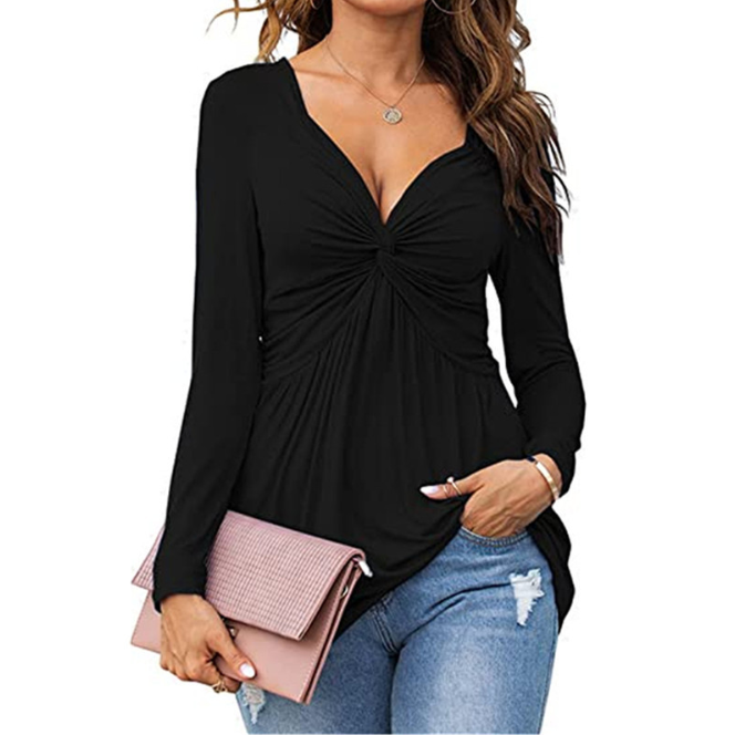 EMMA™ - Casual V-Neck Front Knotted Blouse with Long Sleeves