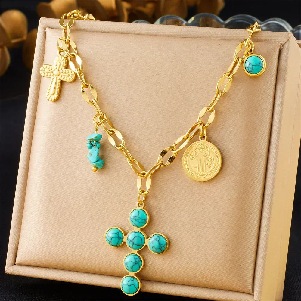 Blessed Turquoise Gemstone Cross Necklace