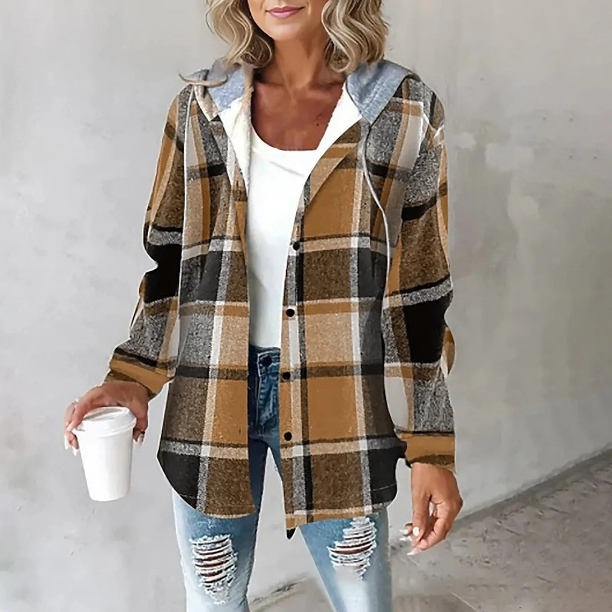 PAIGE™ - Chic Plaid Long-Sleeve Button Down Hooded Jacket