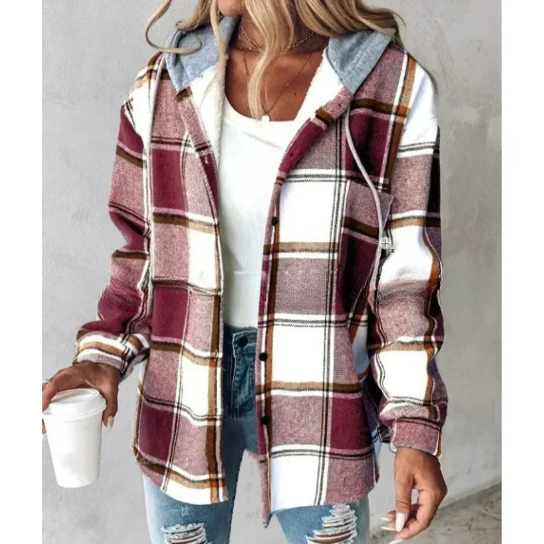 PAIGE™ - Chic Plaid Long-Sleeve Button Down Hooded Jacket