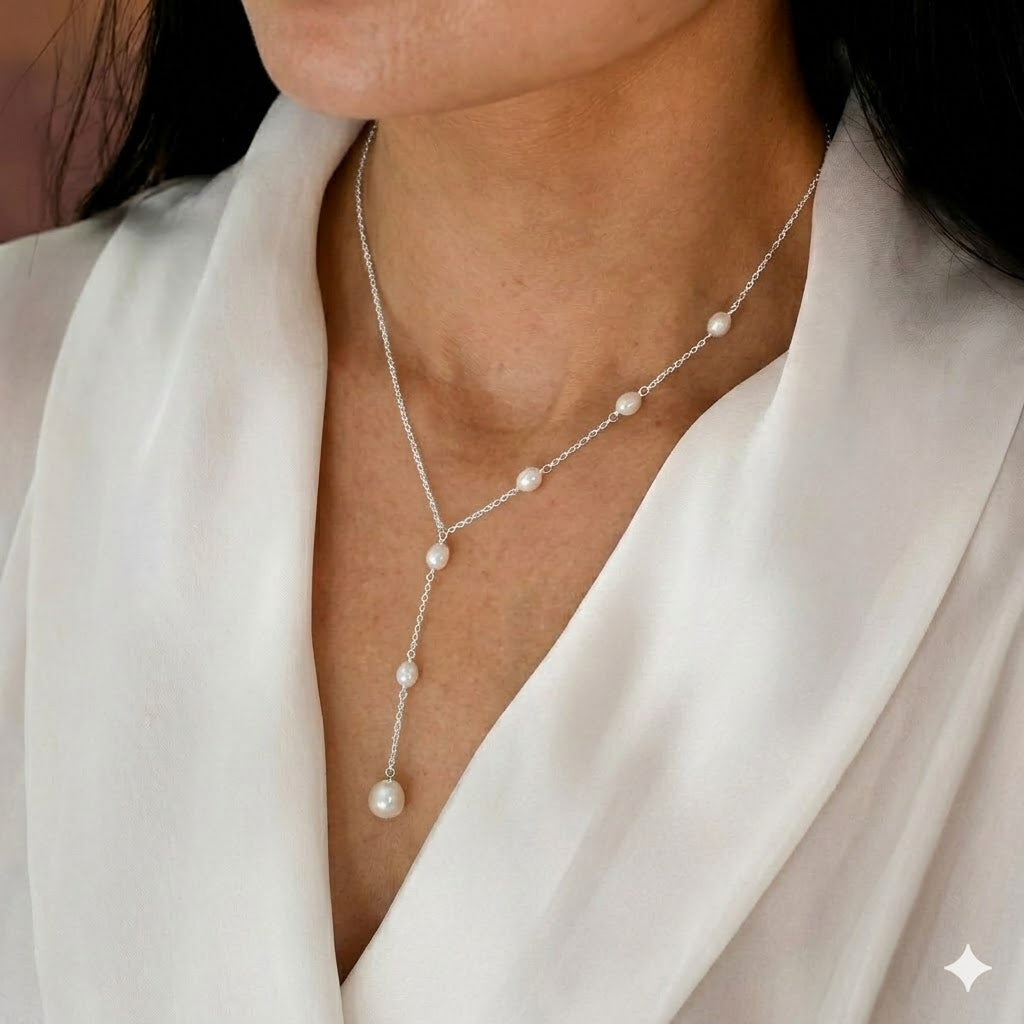 Cascading Pearl Lariat Necklace